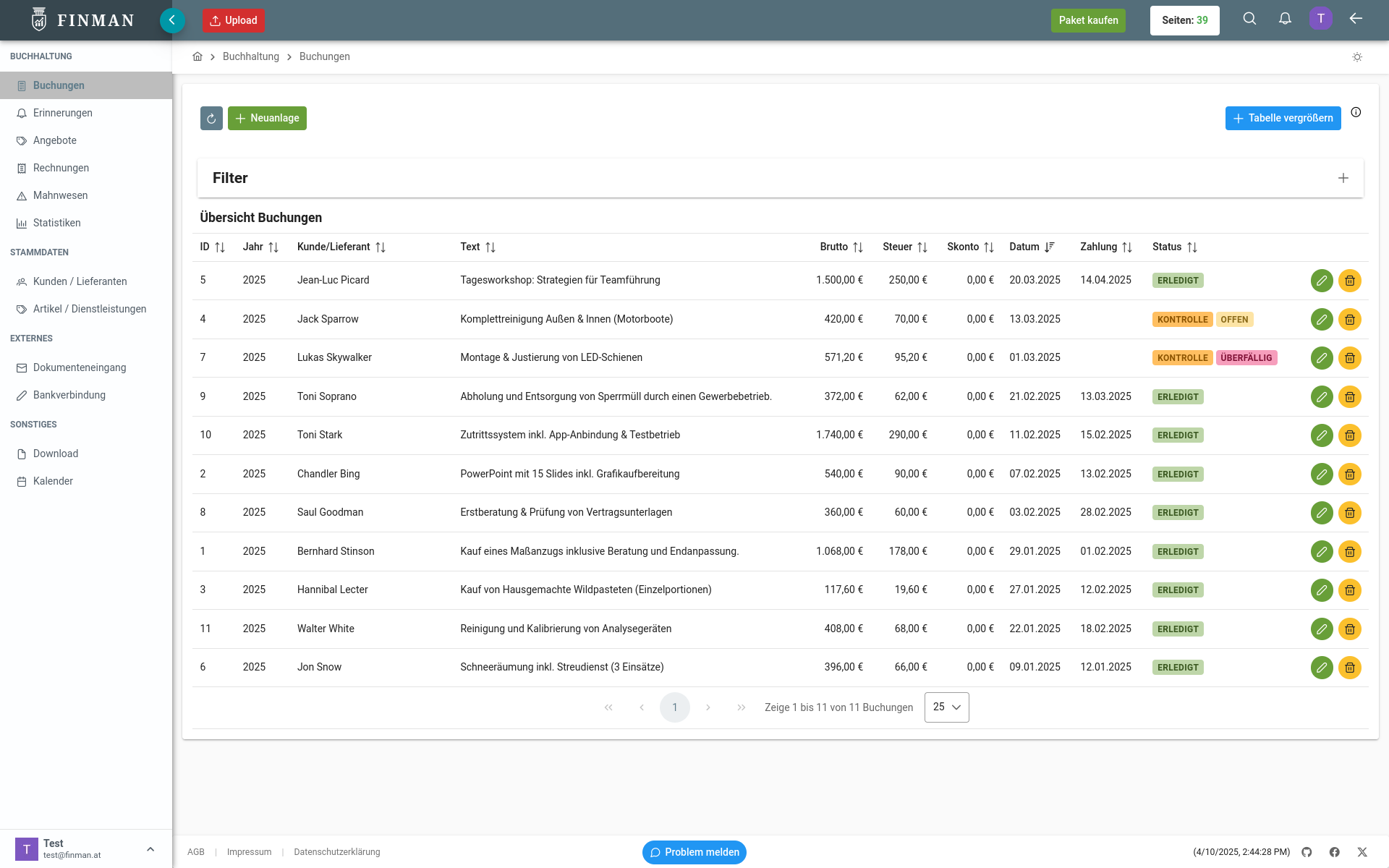 FINMAN Dashboard - Finanzsoftware zur automatisierten Belegverarbeitung für Selbstständige in Österreich
